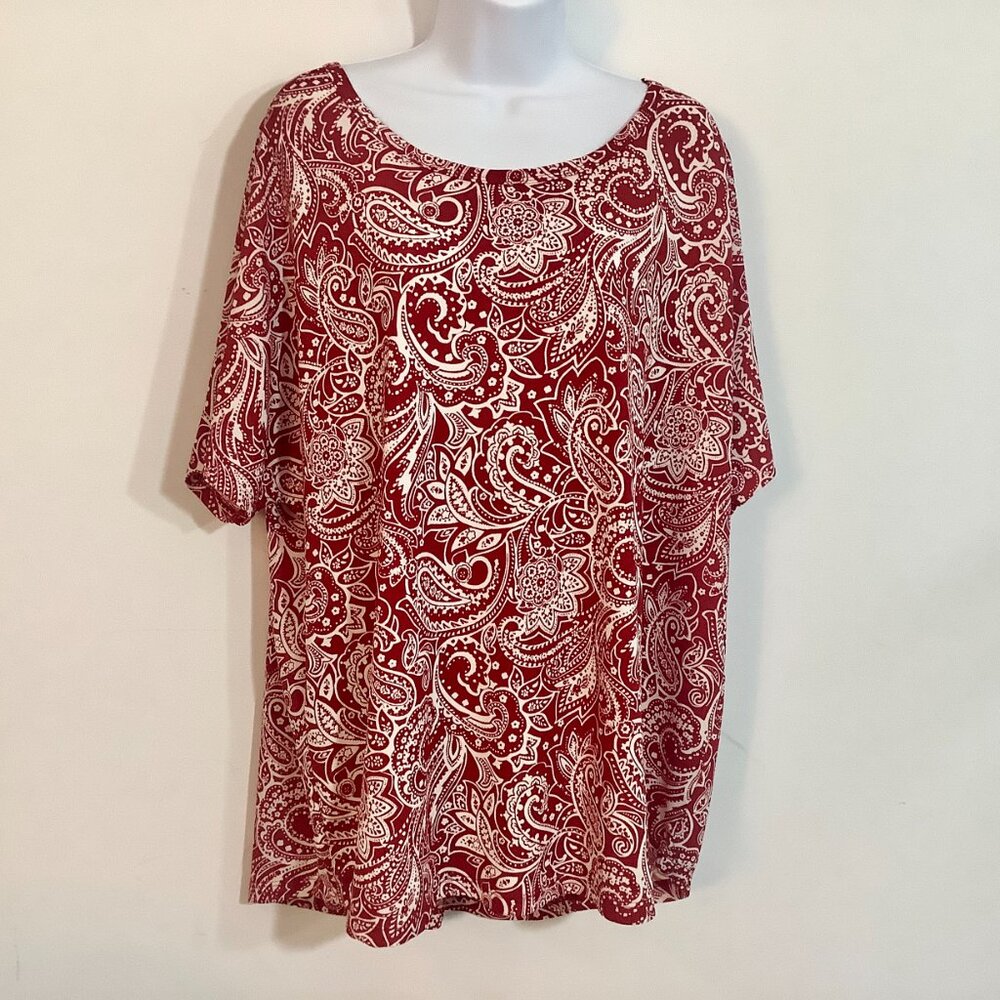 Tunic Top Red White Paisley Print Croft & Barrow 1X Short Sleeve Scoop Neck